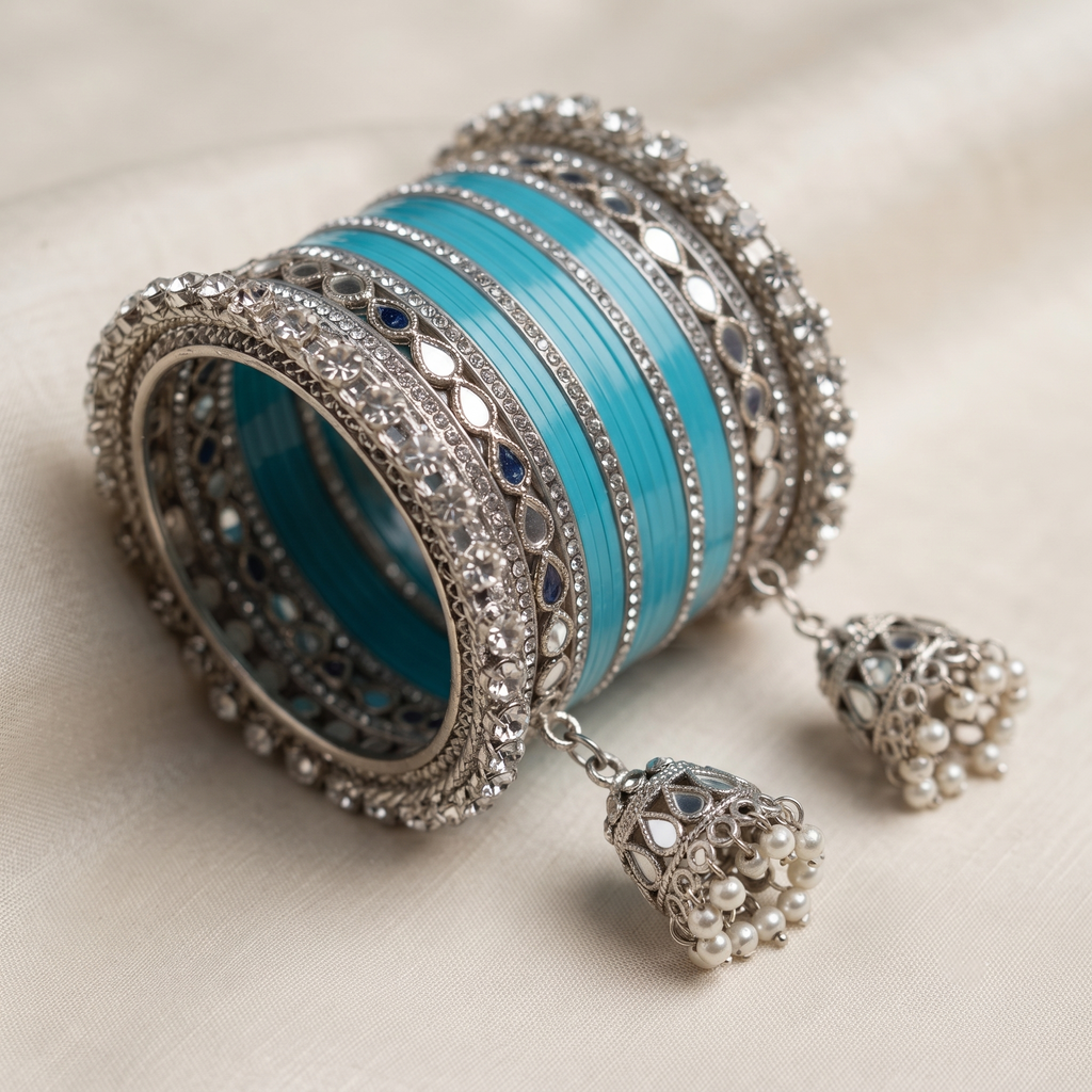 AYSIMA Neelakshi – Aqua Blue Bridal Bangle Set with Mirror-Look Kadas & Jhumka Charms - 40 pieces