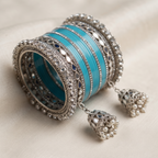 AYSIMA Neelakshi – Aqua Blue Bridal Bangle Set with Mirror-Look Kadas & Jhumka Charms - 40 pieces