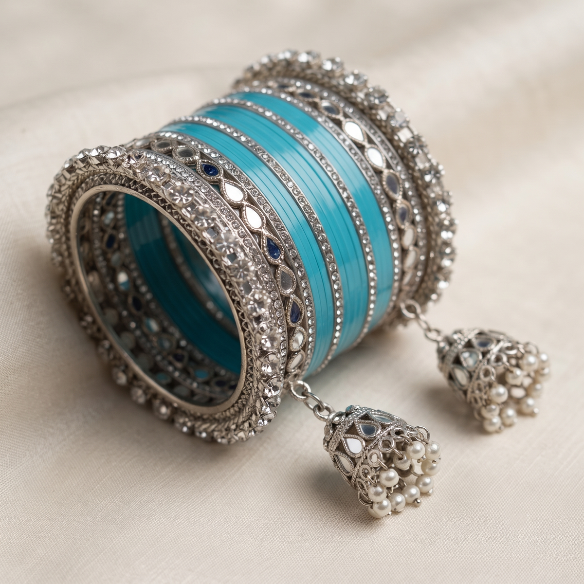 AYSIMA Neelakshi – Aqua Blue Bridal Bangle Set with Mirror-Look Kadas & Jhumka Charms - 40 pieces