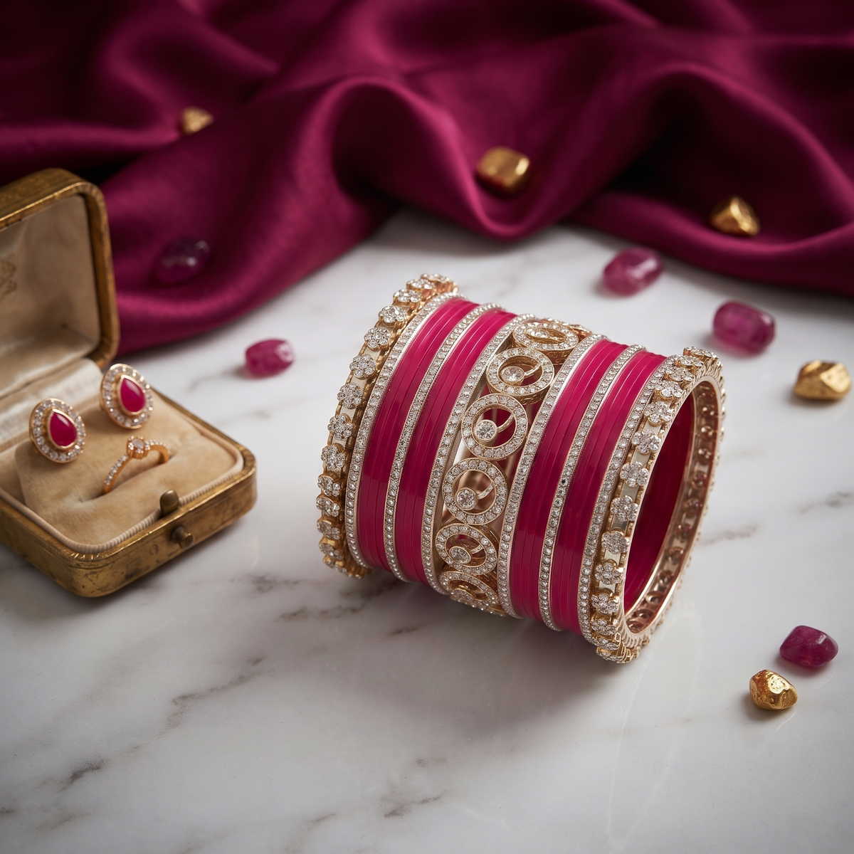 AYSIMA Pranavi – Rani Pink Bridal Bangle Set with Gold-Tone Kadas - 42 pieces