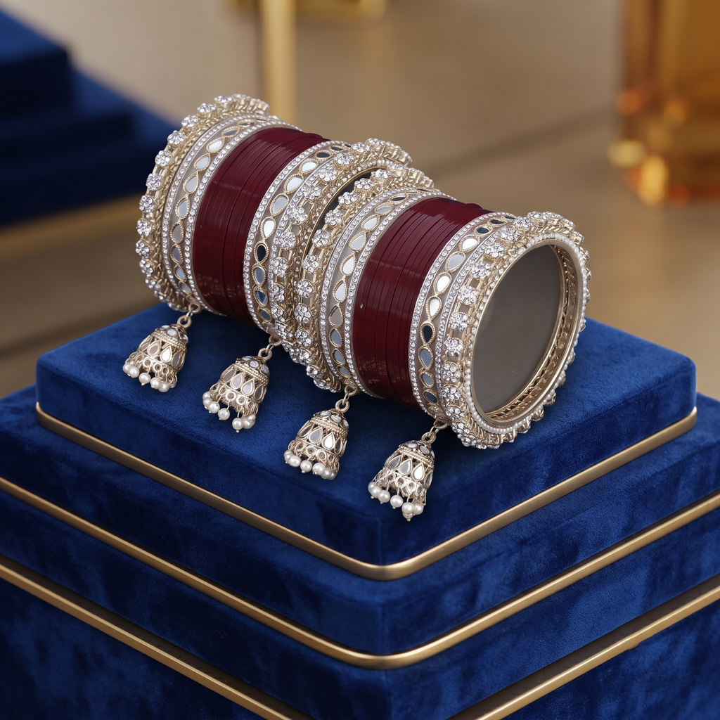 AYSIMA Anuradha – Maroon Bridal Bangle Set with Jhumka Charms - 36 pieces