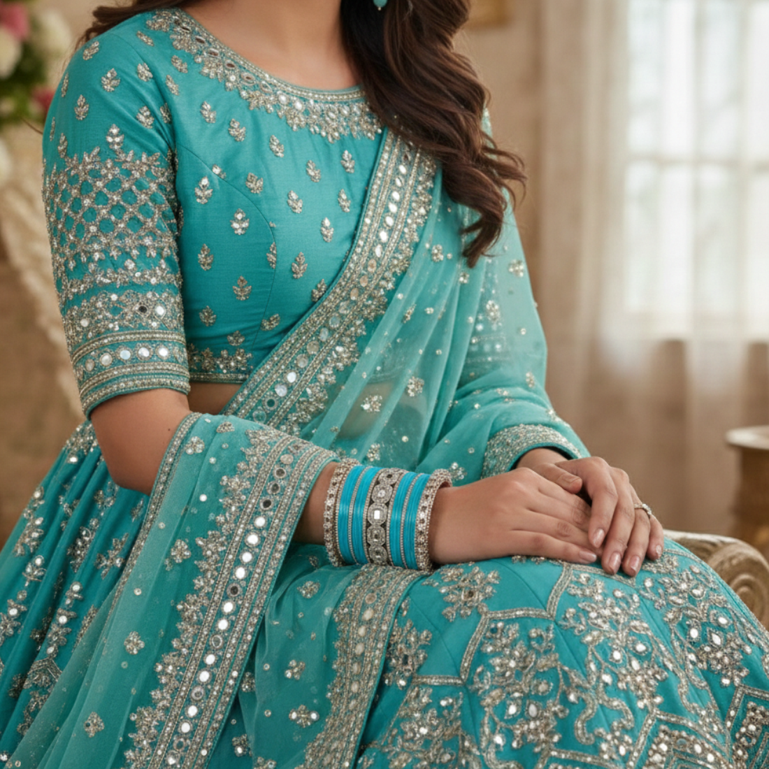 AYSIMA Turquoise Royale – Blue 42-Piece Bangle Set with Statement Kada