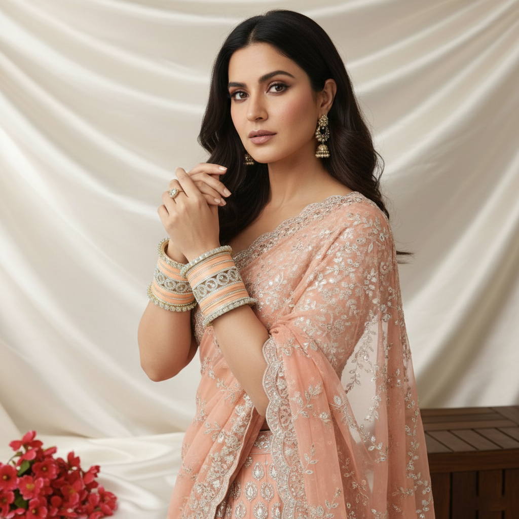 AYSIMA Aditi – Peach Bridal Bangles with Gold-Tone Floral Kadas - 42 pieces