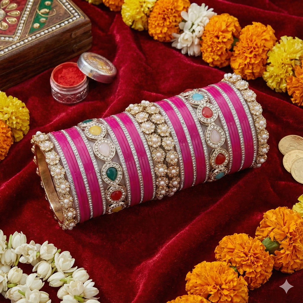 AYSIMA Rani Shringar – Rani Pink Bridal Bangle Set with Statement Kada - 42 pieces