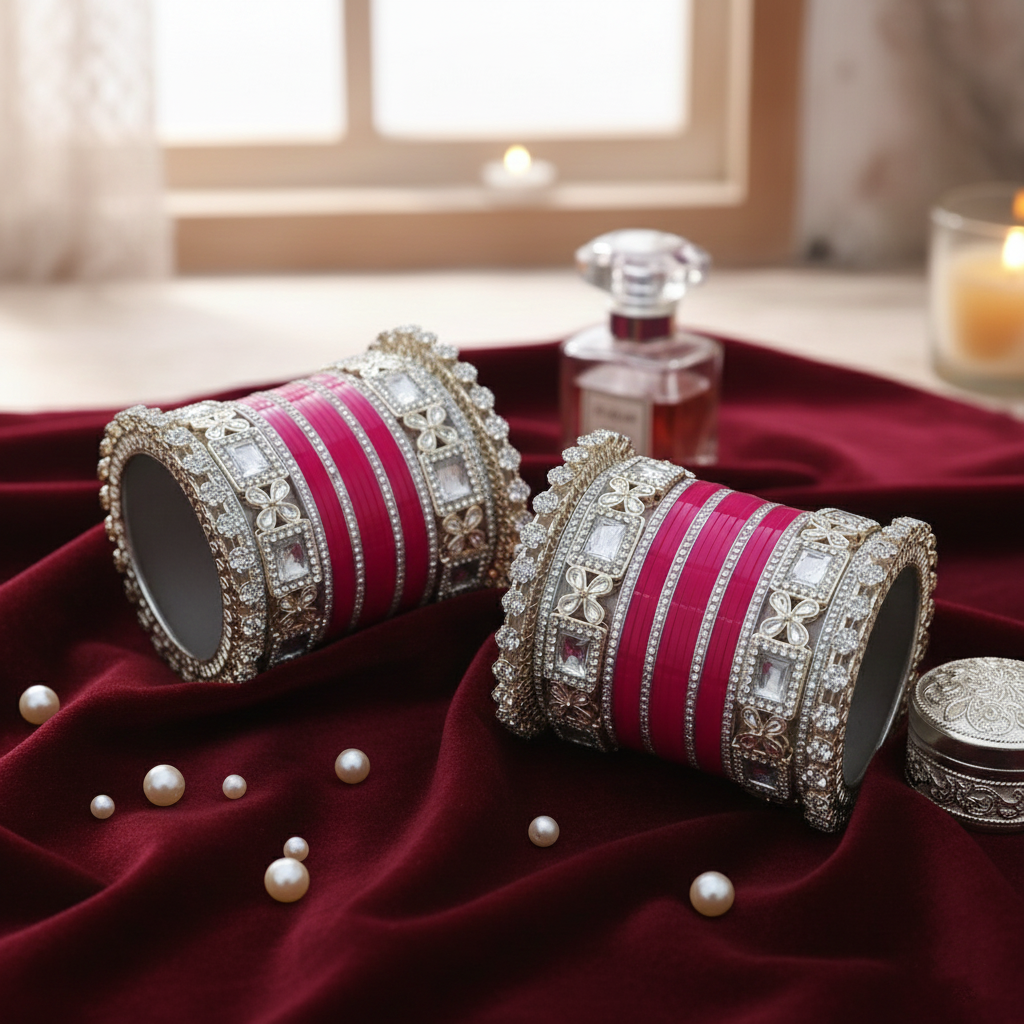 AYSIMA Manjari – Rani Pink Bridal Bangle Set with Floral Kadas - 40 pieces