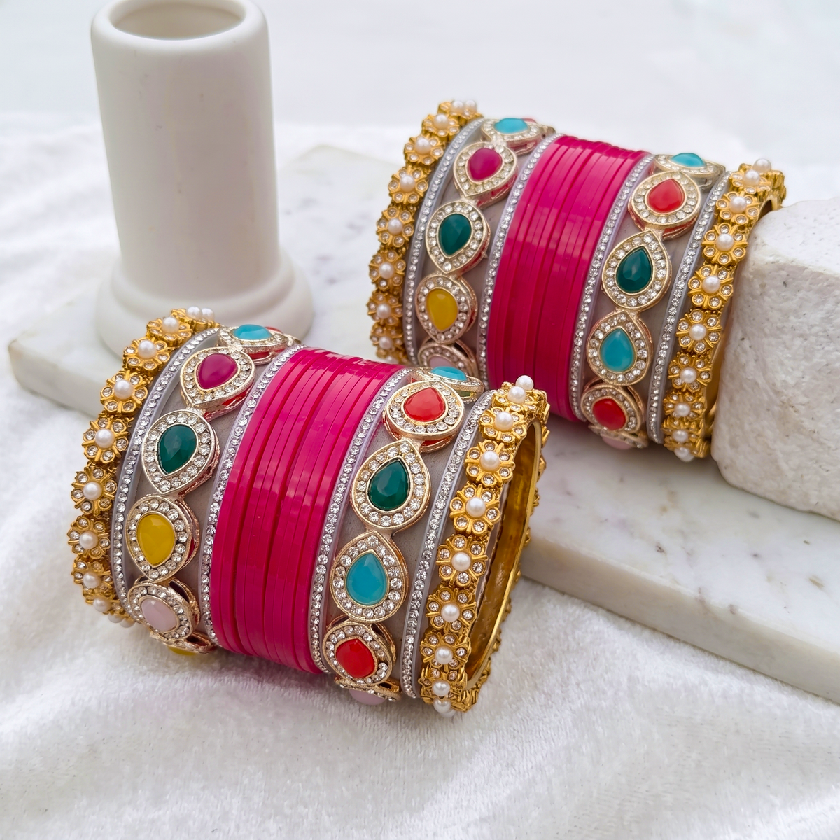 AYSIMA Rani Pink Bridal Chura & Kada Set – Rangoli - 36 pieces