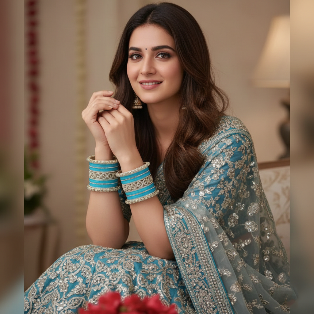 AYSIMA Indira – Aqua Blue Bridal Bangle Set with Floral Kadas - 42 pieces