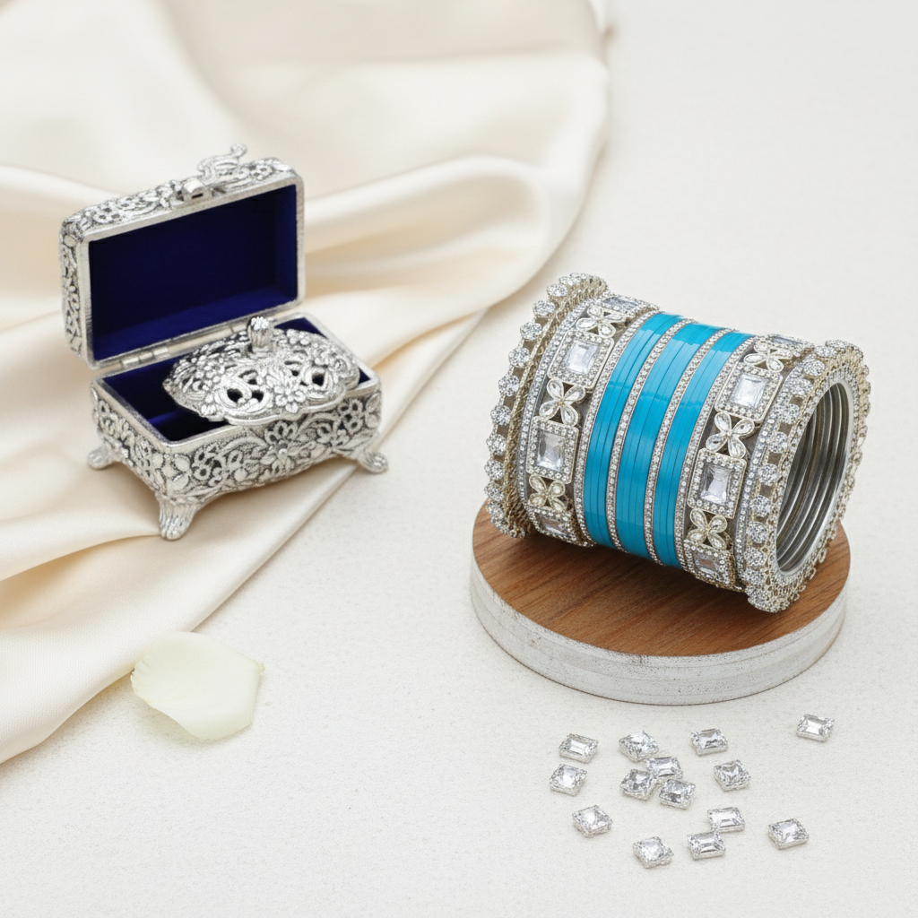 AYSIMA Niharika – Turquoise Blue Bridal Bangle Set with Floral Kadas - 40 pieces