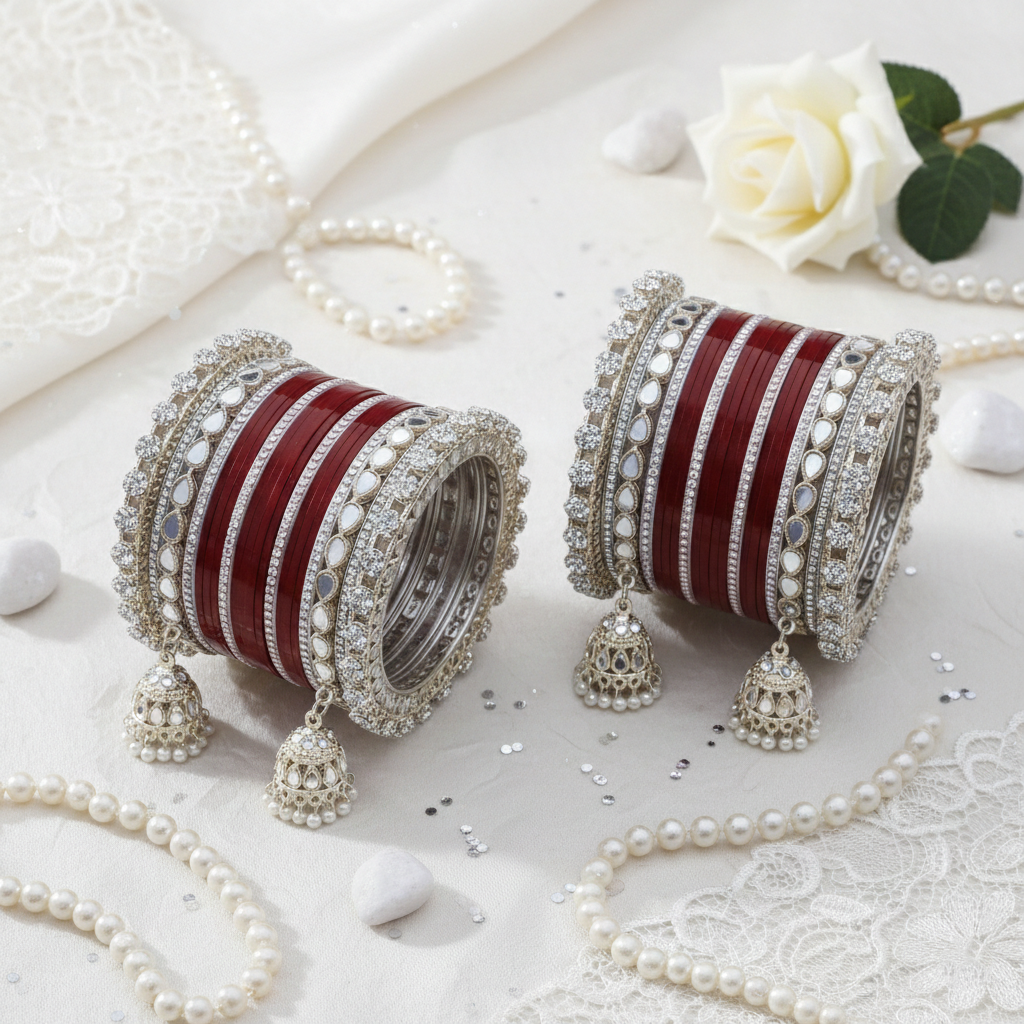 AYSIMA Maithili – Maroon Bridal Bangle Set with Mirror-Look Kadas & Jhumka Charms - 40 pieces