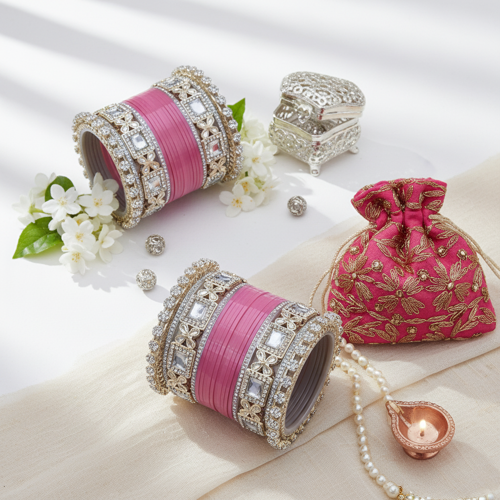 AYSIMA Aabha – Rose Pink Bridal Chura & Floral Kada Set - 36 pieces