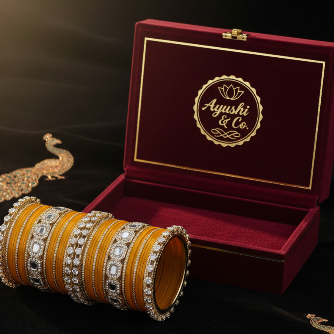 AYSIMA Haldi Royale – Mustard Gold 42-Piece Bridal Bangle Set with Statement Kada