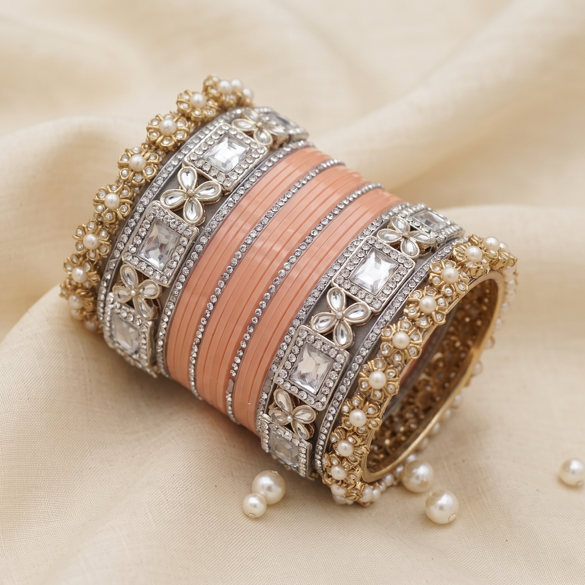 AYSIMA Tanvi – Peach Bridal Bangle Set with Floral Kadas & Pearl-Look Accents - 40 pieces