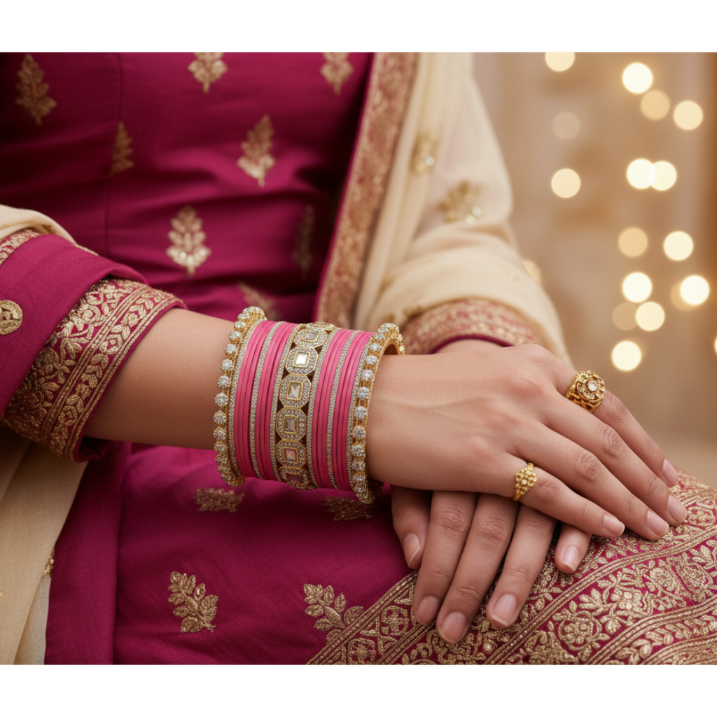 AYSIMA Rose Radiance – Pink 42-Piece Bridal Bangle Set with Designer Kada