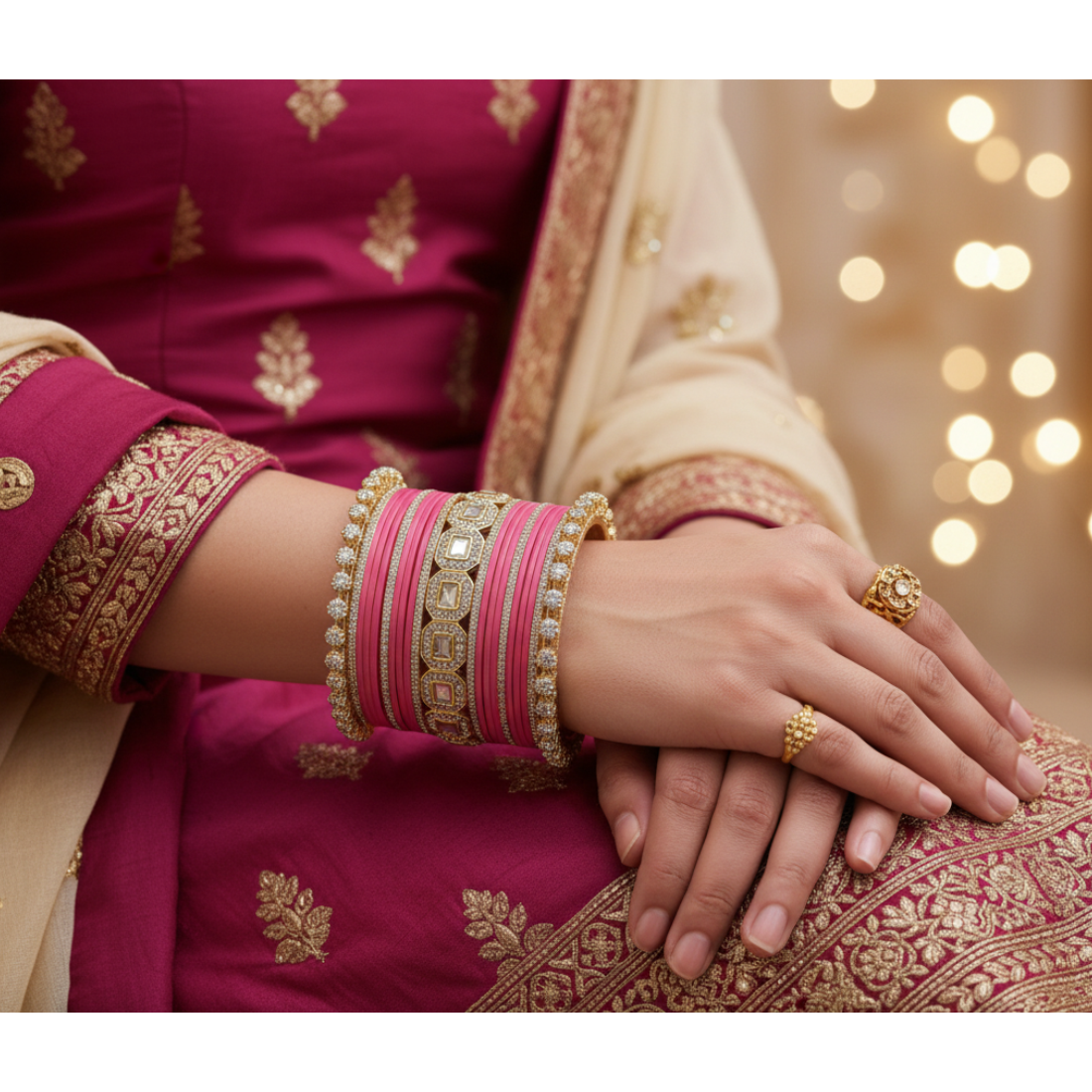 AYSIMA Rose Radiance – Pink 42-Piece Bridal Bangle Set with Designer Kada