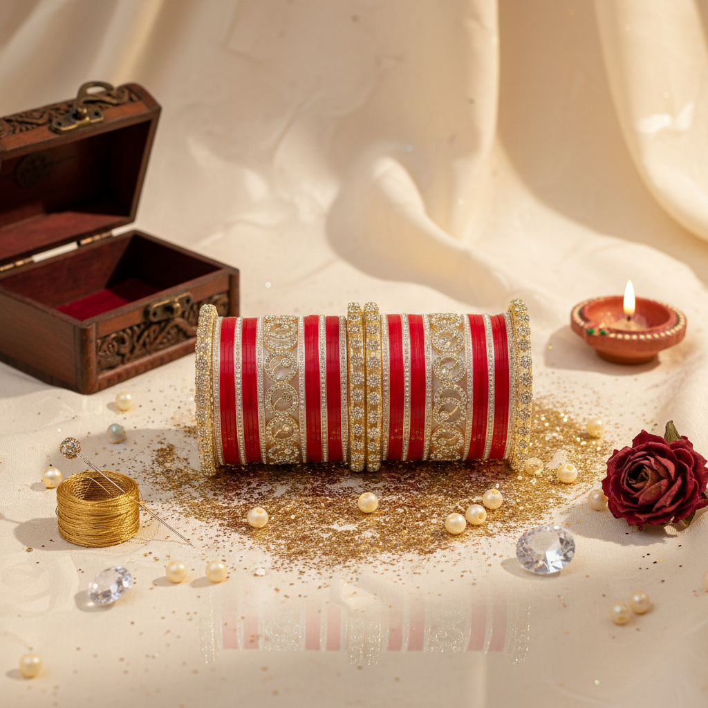 AYSIMA Radhika – Red Bridal Chura Bangles with Gold-Tone Floral Kadas - 42 pieces