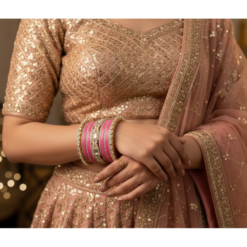 AYSIMA Gulika Pink Wedding Bangles for Women | Bridal Bangle Set with Floral Kadas