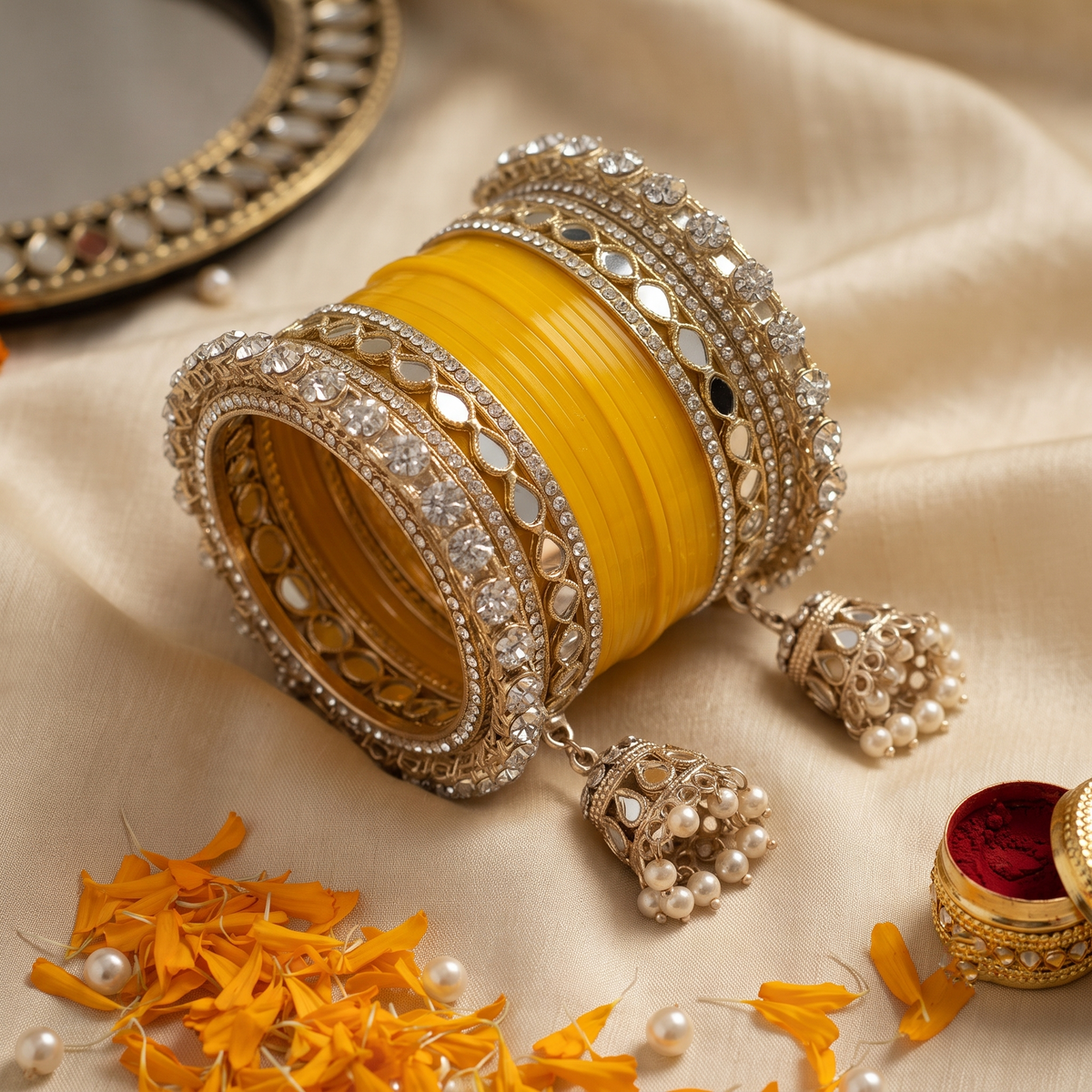 AYSIMA Kanika – Yellow Haldi Bangle Set with Jhumka Charms - 36 pieces