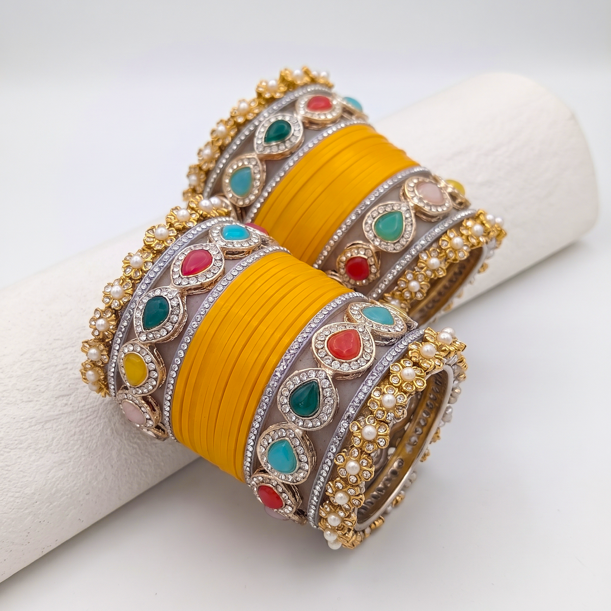 AYSIMA Yellow Haldi Bangle Set with Multicolour Kadas - 36 pieces