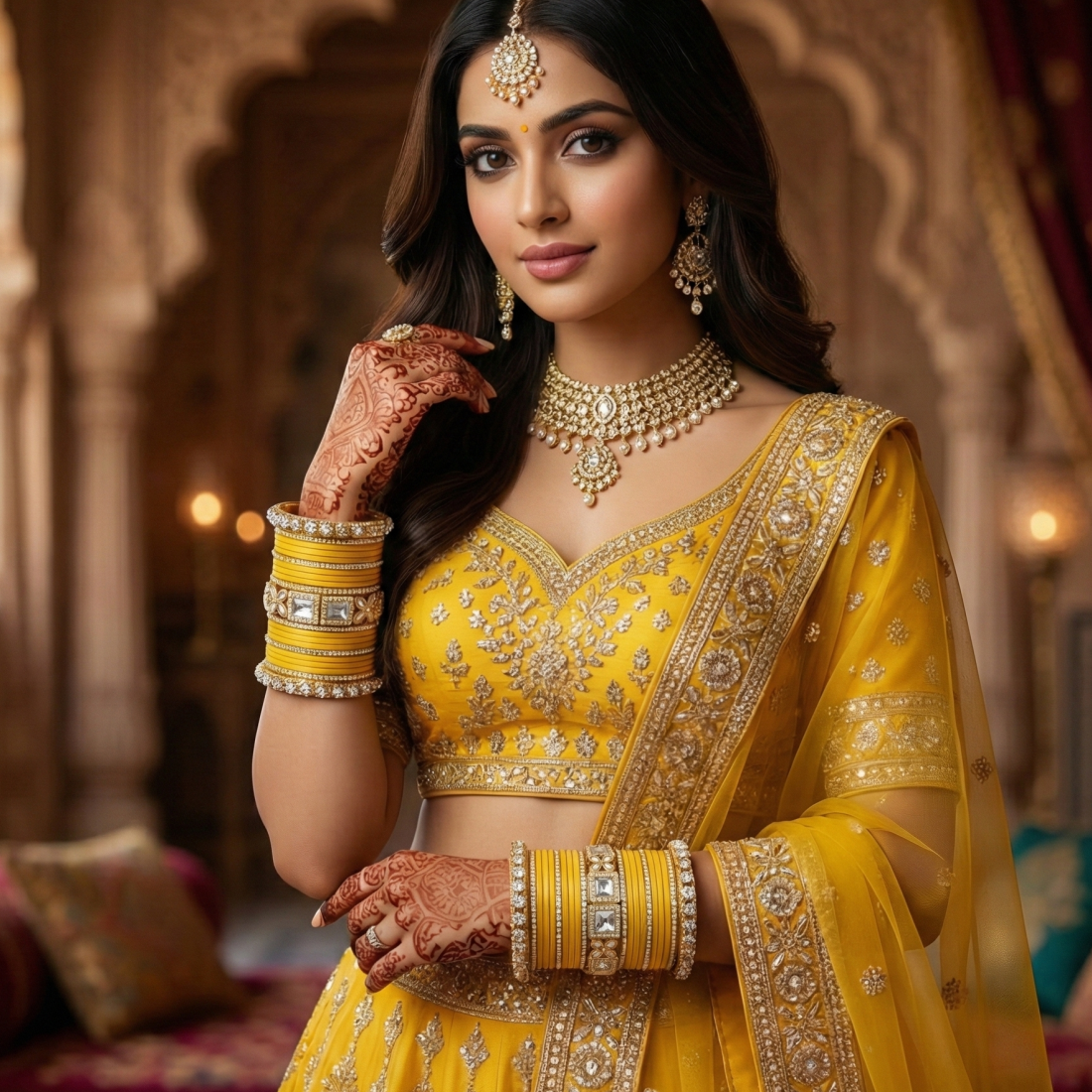 AYSIMA Peetika Yellow Haldi Bangle Set for Women | Bridal Bangles & Floral Kadas