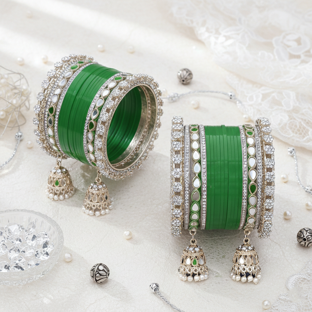 AYSIMA Suhani – Green Bridal Bangle Set with Jhumka Charms - 36 pieces