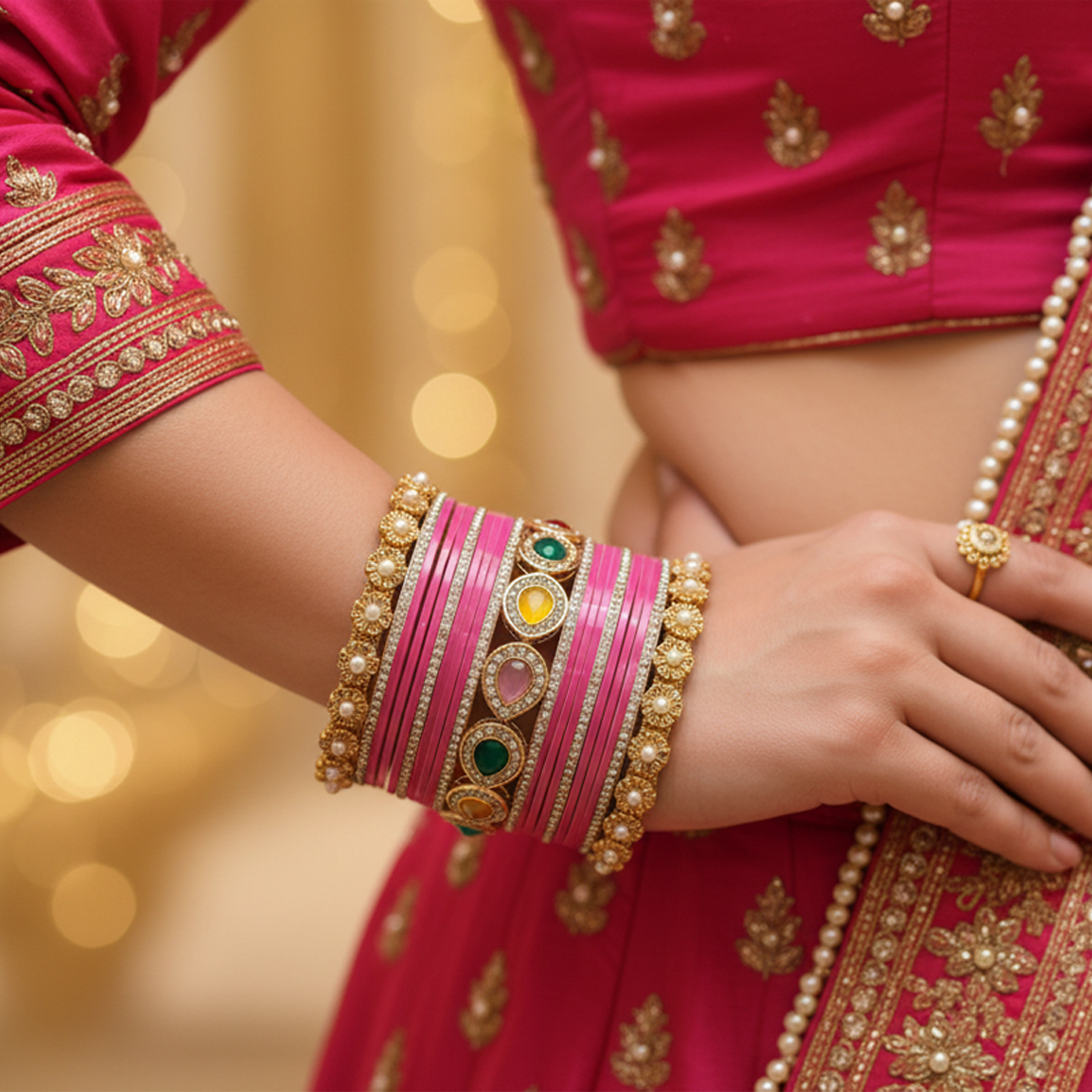 AYSIMA Gulabi Royale – Pink Bridal Bangle Set with Statement Kada - 42 pieces