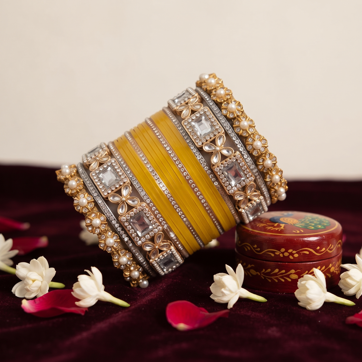 AYSIMA Sunaina – Yellow Haldi Bangle Set with Floral Kadas & Pearl-Look Accents - 40 pieces