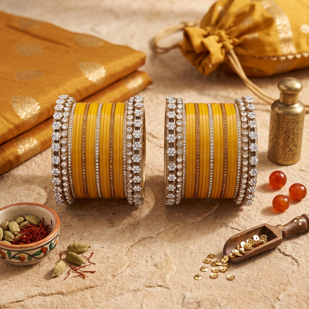 AYSIMA Sunehri Utsav – 42-Piece Mustard Yellow Bangle Set with Kadas