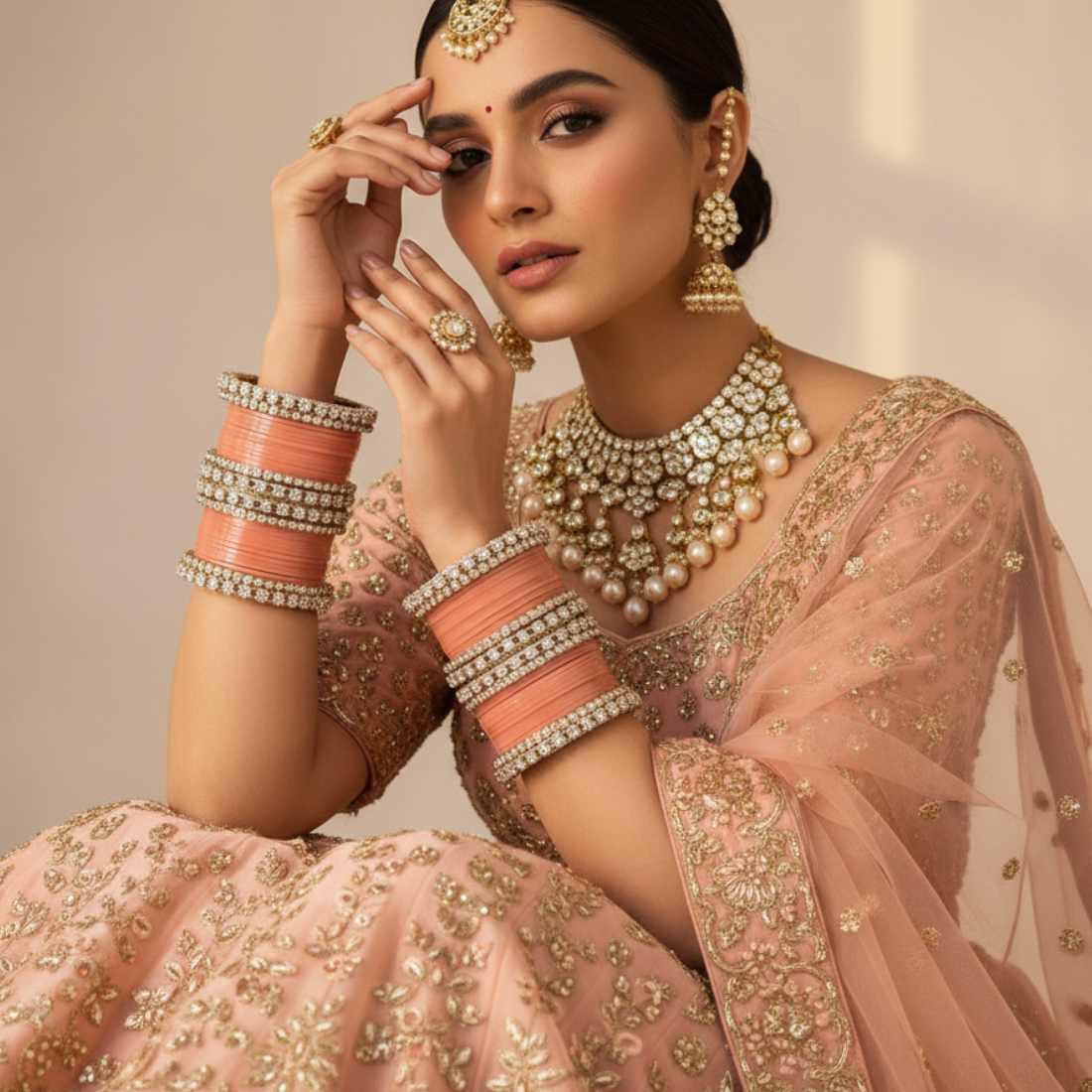 AYSIMA Mrinalika Peach Bridal Bangle Set with Floral Kadas - 56 pieces