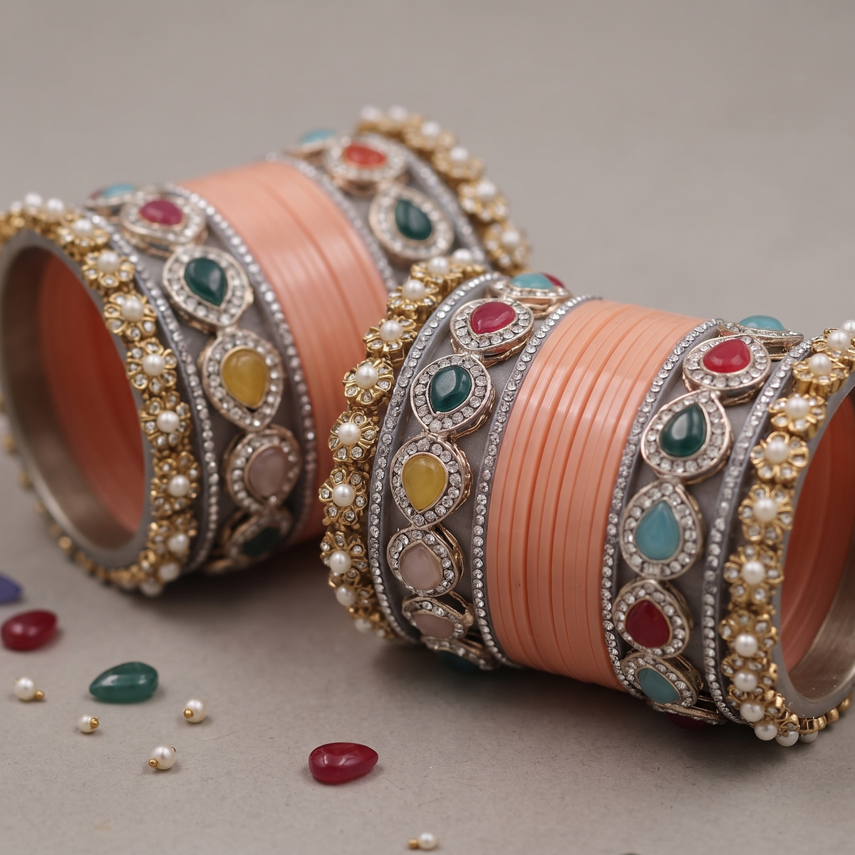AYSIMA Peach Bridal Bangles & Multicolour Kadas - 36 pieces