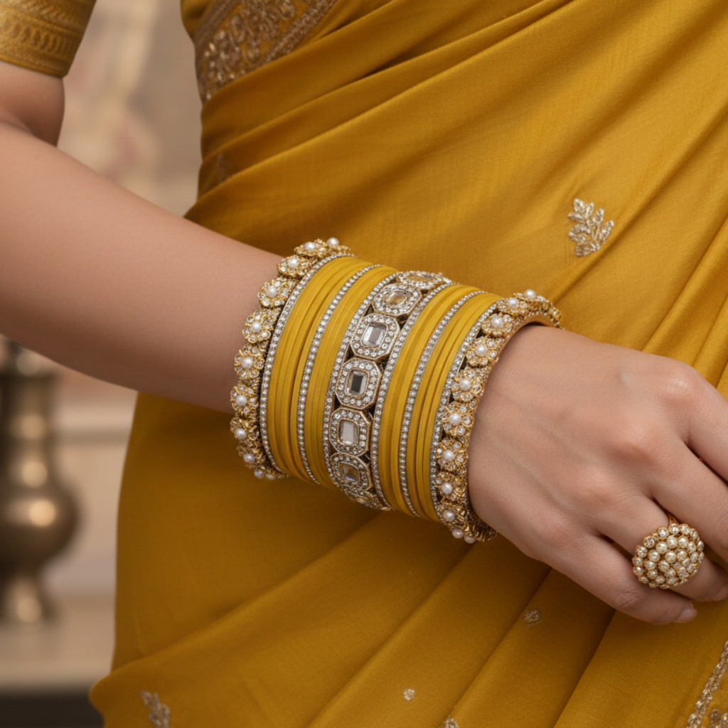 AYSIMA Kanakshree – Golden Yellow Bridal Bangle Set with Statement Kada - 42 pieces