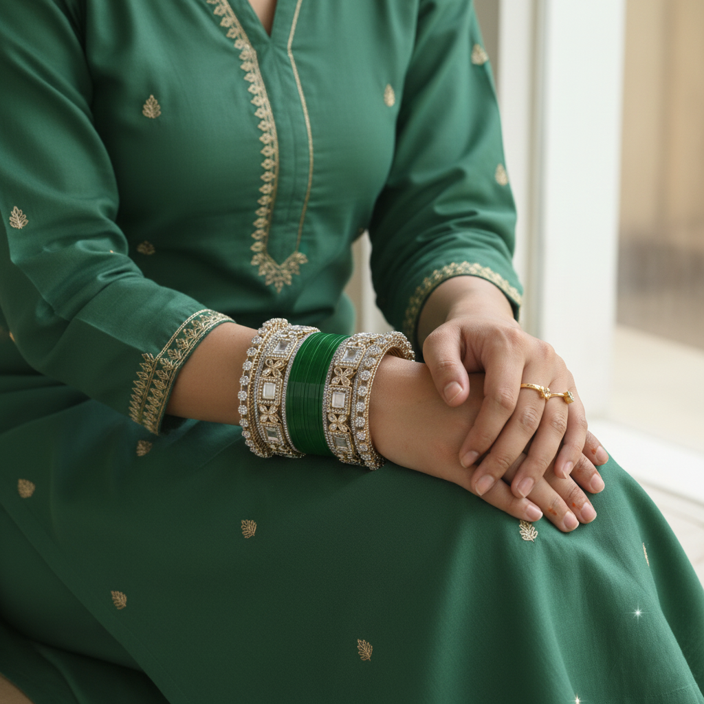 AYSIMA Vanya – Green Bridal Bangles with Floral Kadas - 36 pieces