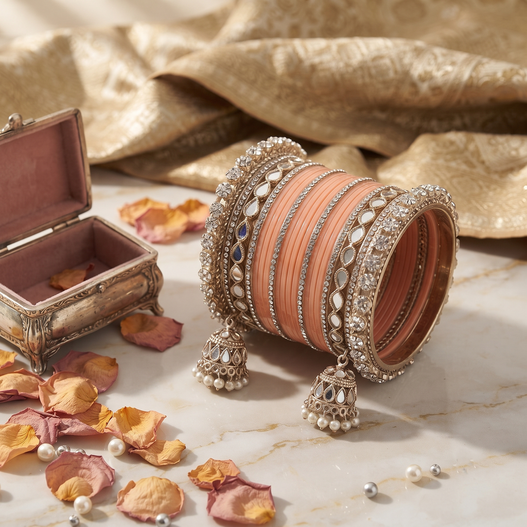 AYSIMA Anaya – Peach Bridal Bangles with Mirror-Look Kadas & Jhumka Charms - 40 pieces