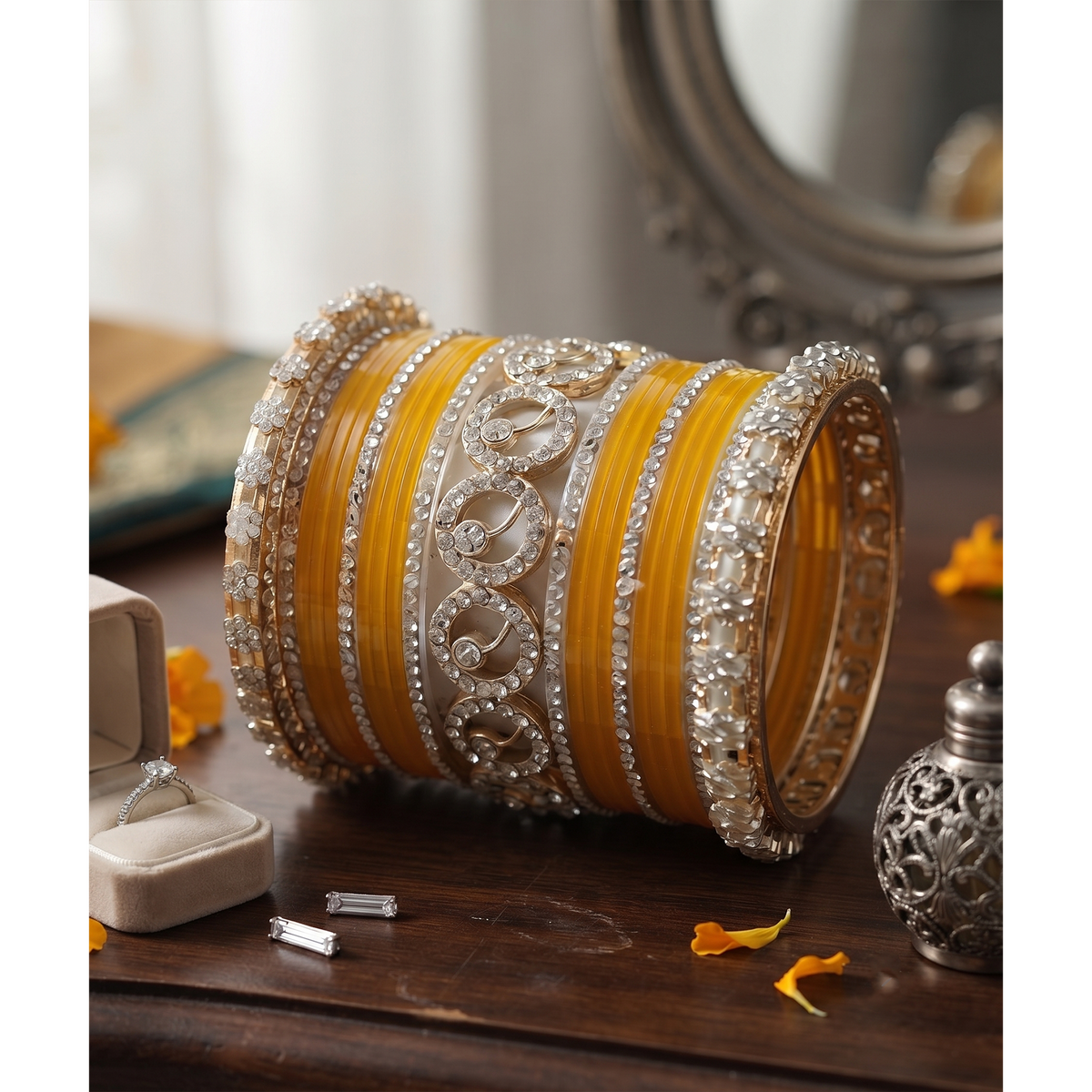 AYSIMA Surabhi – Yellow Haldi Bangle Set with Gold-Tone Floral Kadas - 42 pieces