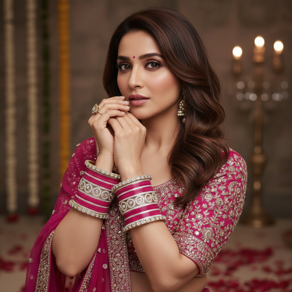 AYSIMA Pranavi – Rani Pink Bridal Bangle Set with Gold-Tone Kadas - 42 pieces