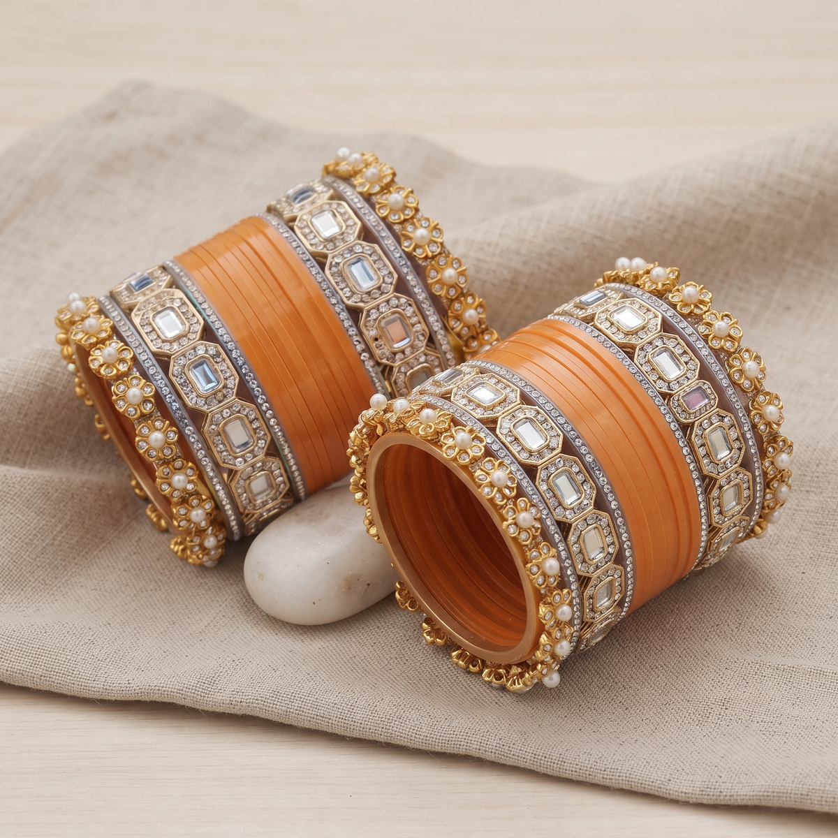 AYSIMA Amodini – Peach Bridal Bangle Set with Pachari Kadas | 36 Pieces