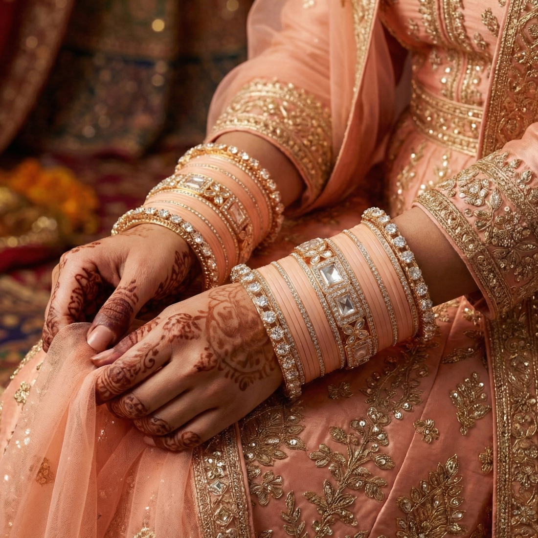 AYSIMA Anvika Peach Bridal Bangle Set for Women | Wedding Bangles & Floral Kadas