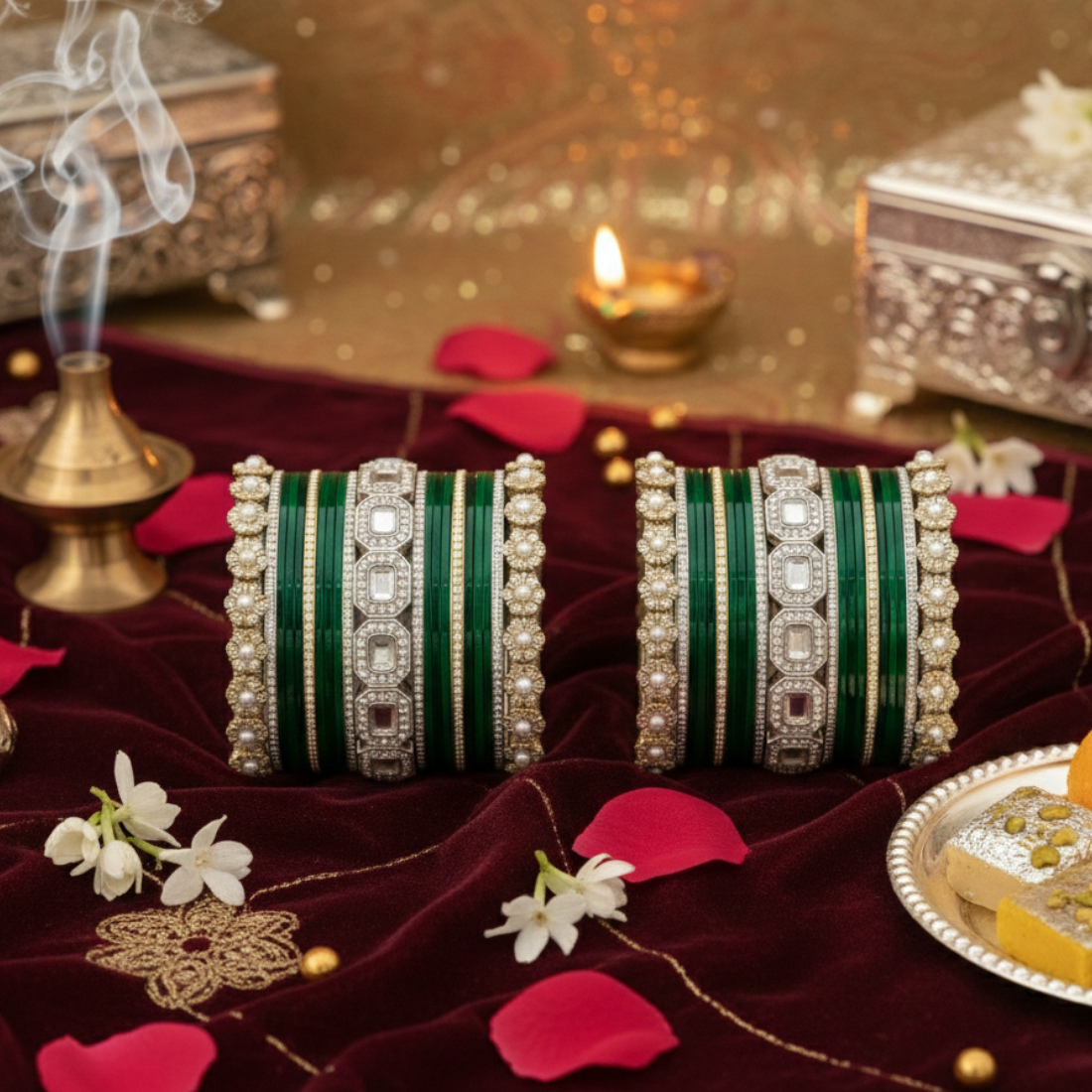 AYSIMA Haritika – Emerald Green Bridal Bangle Set with Statement Kada - 42 pieces