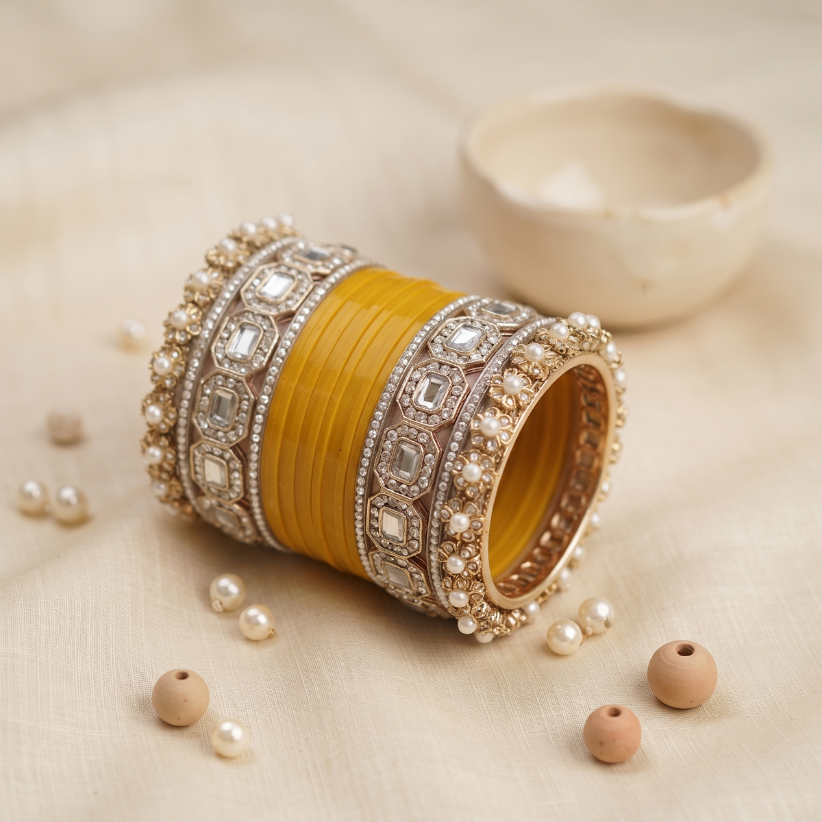 AYSIMA Kesarika Yellow Haldi Bangle Set with Geometric & Floral Kadas - 36 pieces