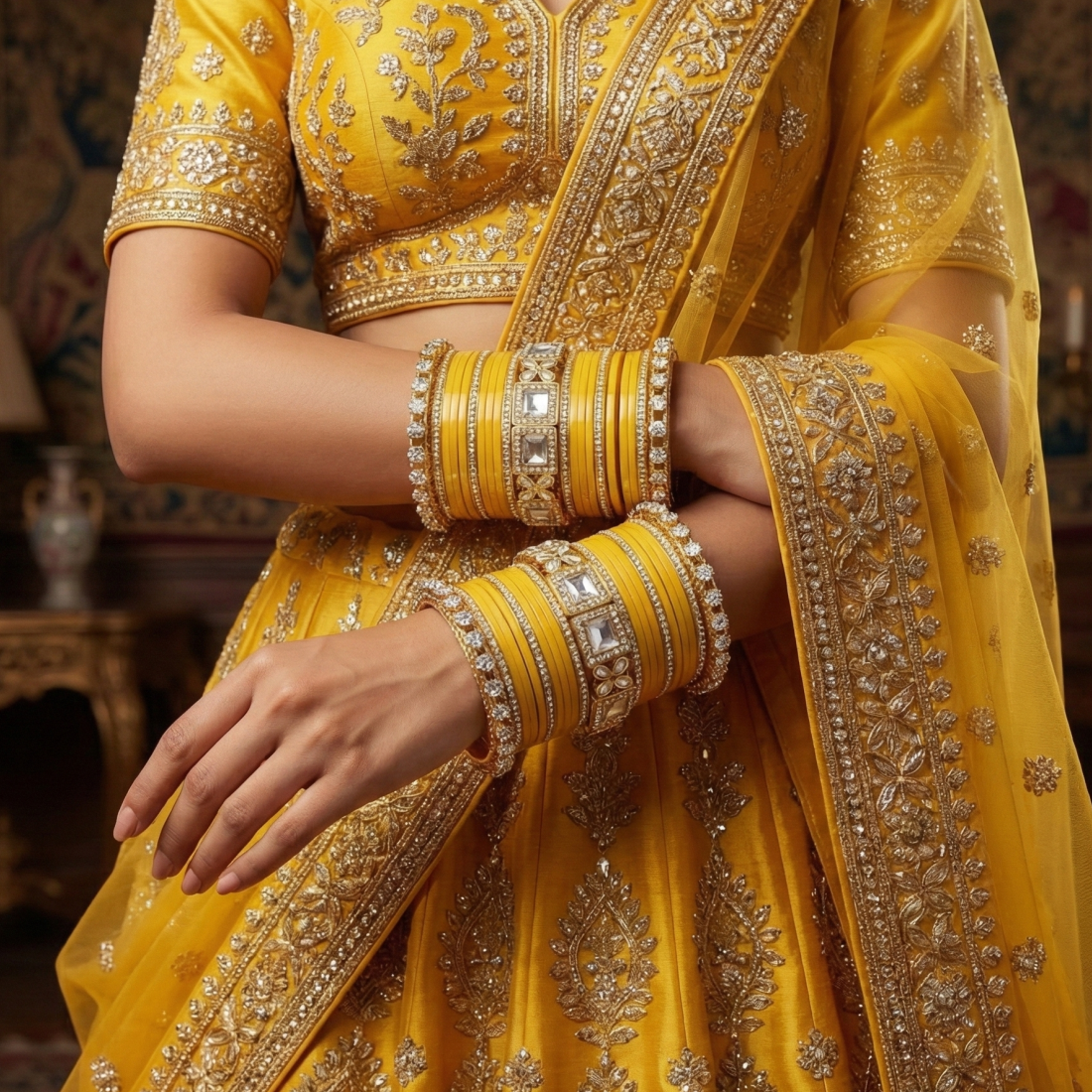 AYSIMA Peetika Yellow Haldi Bangle Set for Women | Bridal Bangles & Floral Kadas