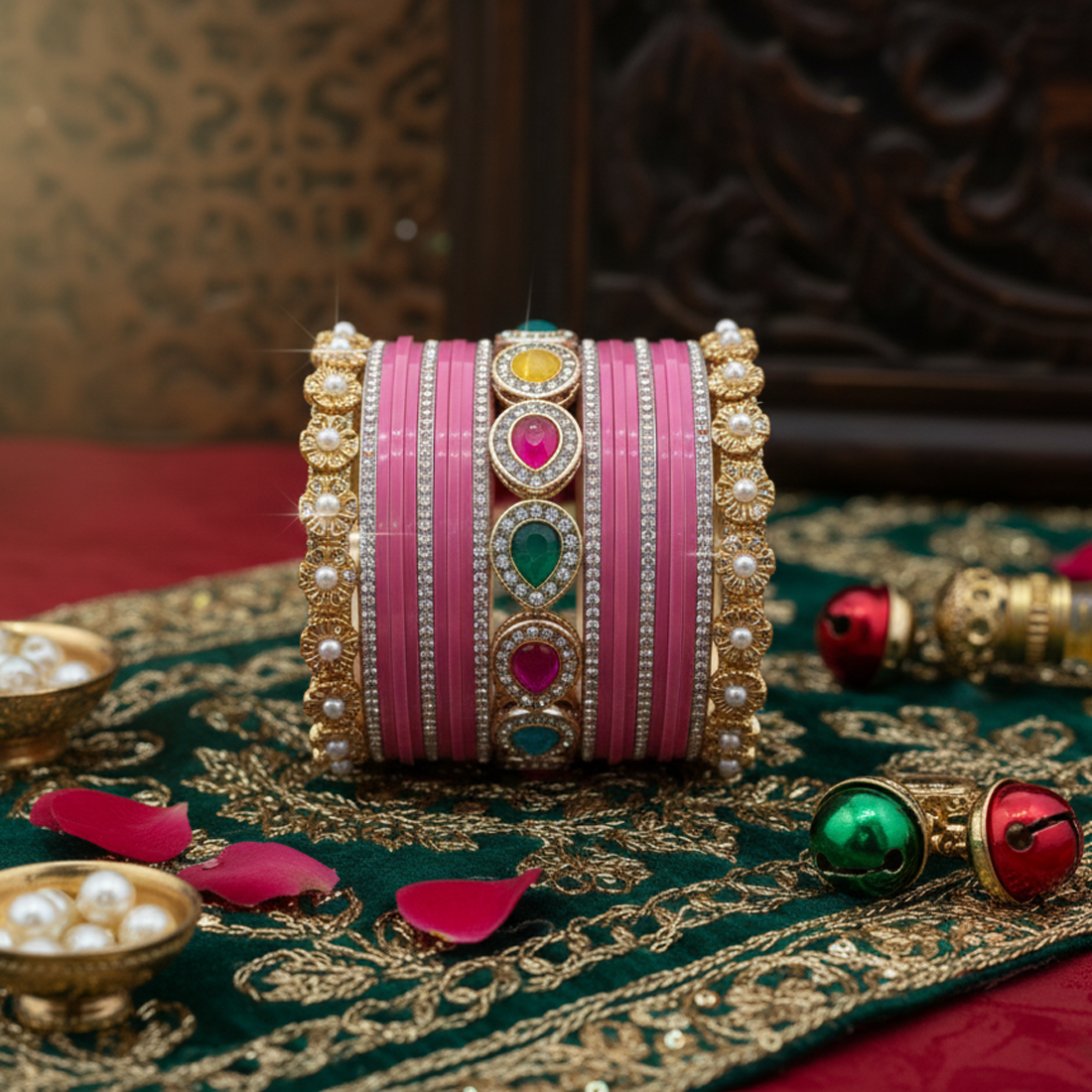 AYSIMA Gulabi Royale – Pink Bridal Bangle Set with Statement Kada - 42 pieces