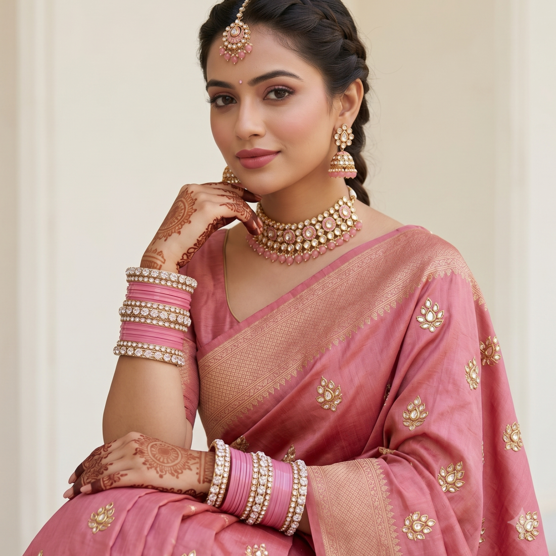 AYSIMA Padmika Pink Bridal Bangle Set with Floral Kadas - 56 pieces