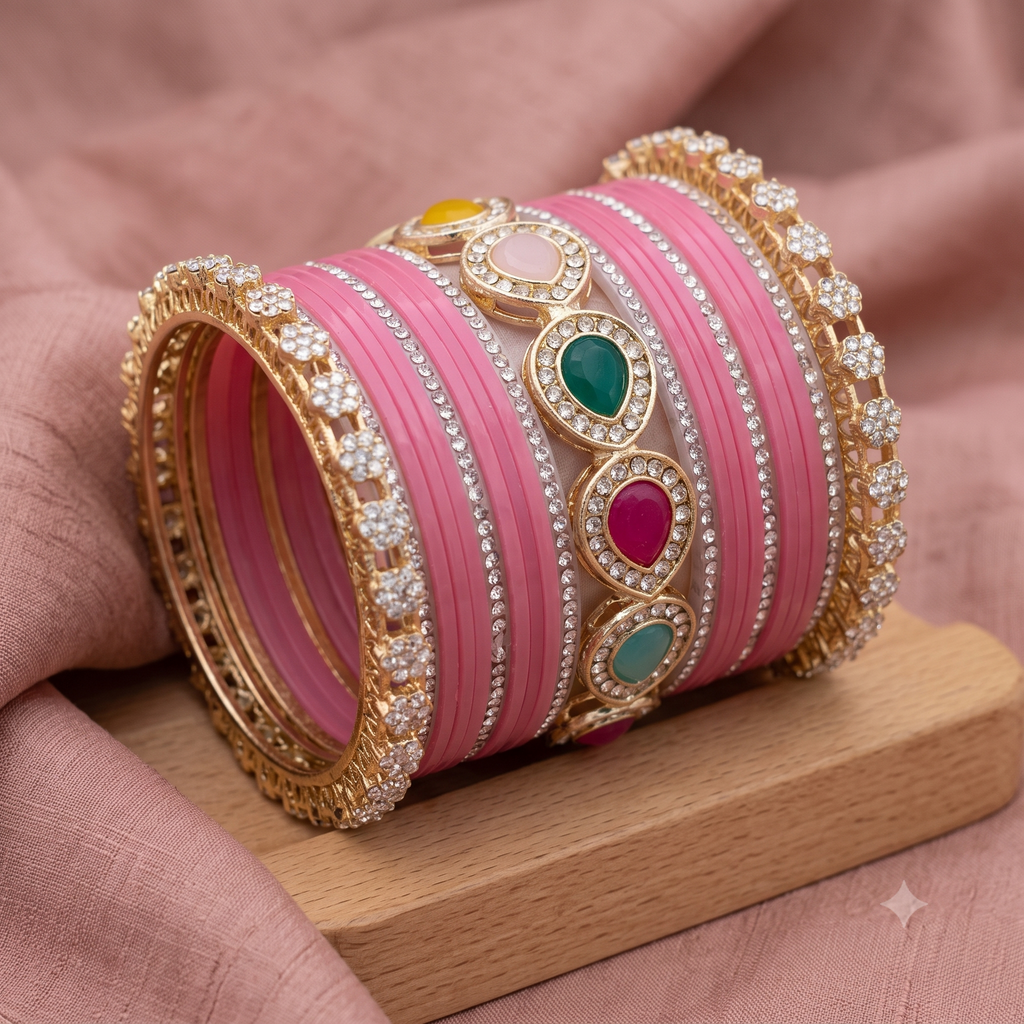 AYSIMA Pankhuri Pink Bridal Bangle Set with Multicolour Kada
