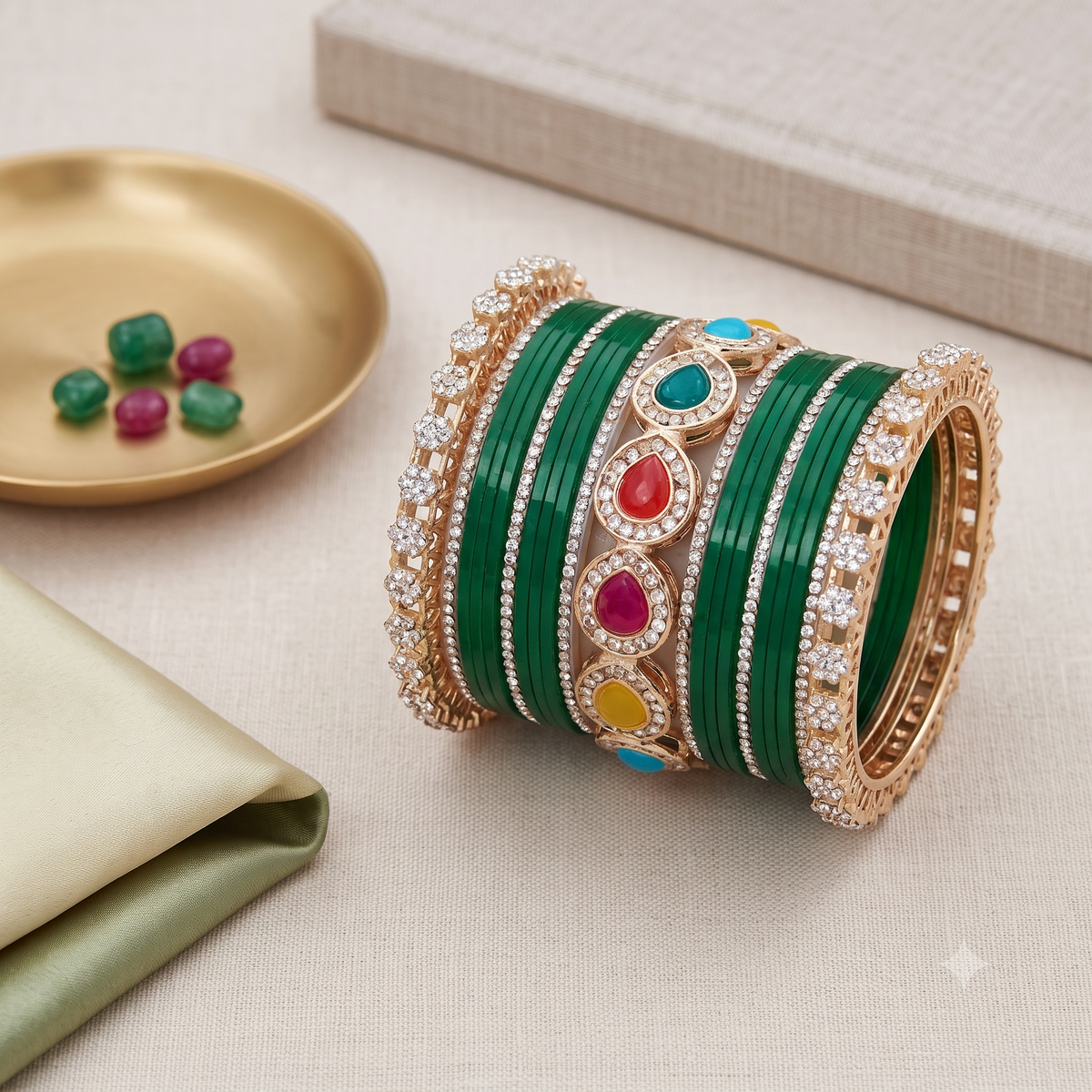 AYSIMA Harini Green Bridal Bangle Set with Multicolour Kadas