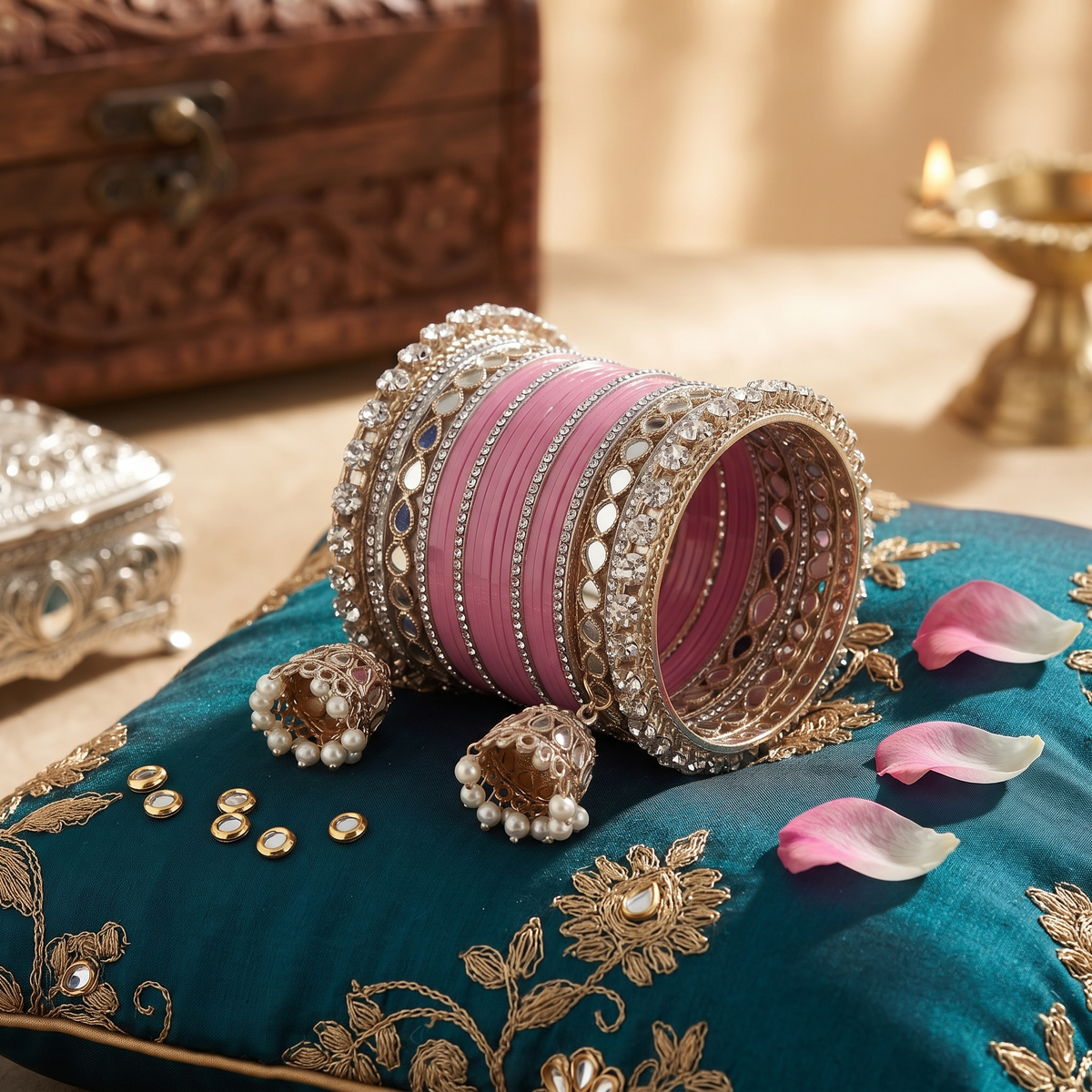 AYSIMA Mrinalini – Rose Pink Bridal Bangles with Jhumka Charms & Mirror-Look Kadas - 40 pieces