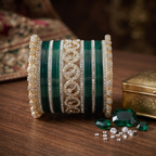 AYSIMA Vasudha – Bottle Green Bridal Bangle Set with Gold-Tone Floral Kadas - 42 pieces