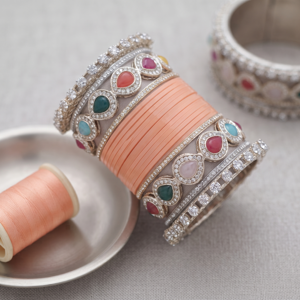Peach Bridal Bangles & Multicolour Kadas | AYSIMA Mridula - 36 pieces