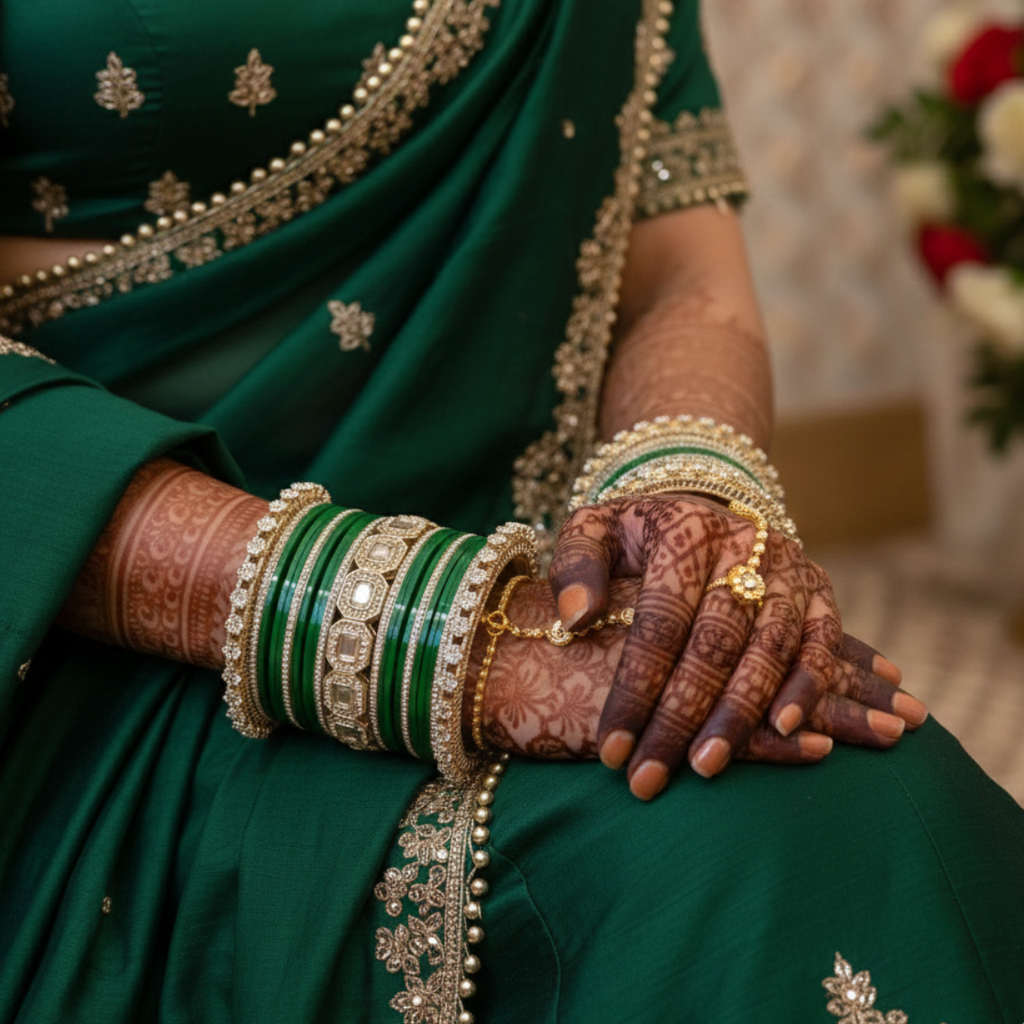 AYSIMA Emerald Grace – Green 42-Piece Bridal Bangle Set with Statement Kada