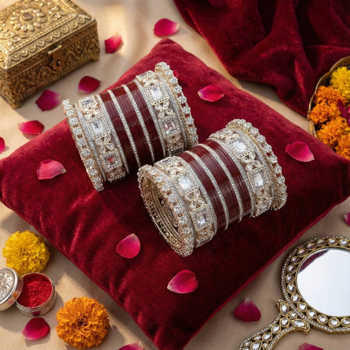AYSIMA Rajshree – Maroon Bridal Bangle Set with Floral Kadas - 40 pieces