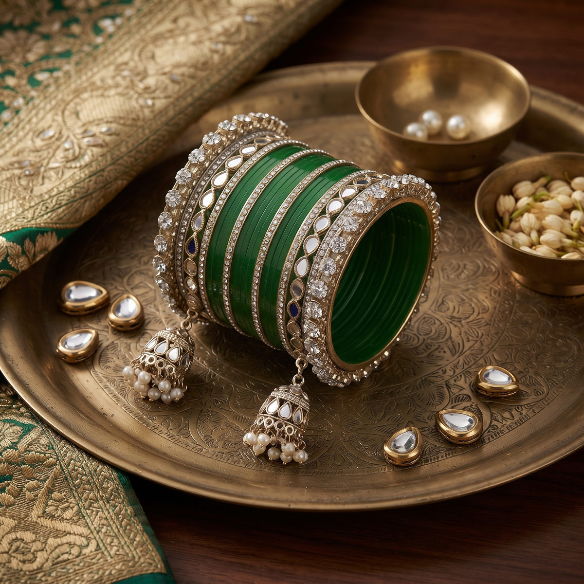 AYSIMA Aranya – Green Mehendi Bangle Set with Jhumka Charms - 40 pieces