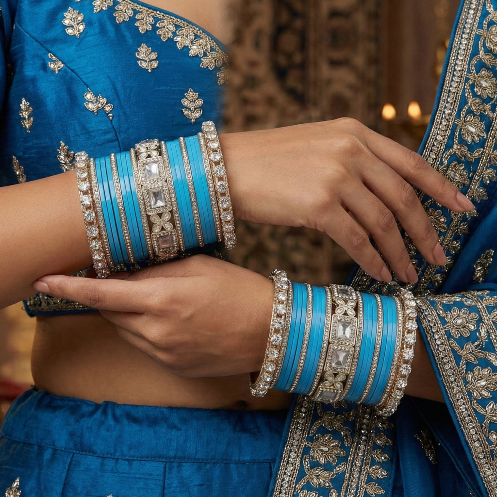 AYSIMA Ambara Sky Blue Bangle Set for Women | Bridal Wedding Bangles with Floral Kadas